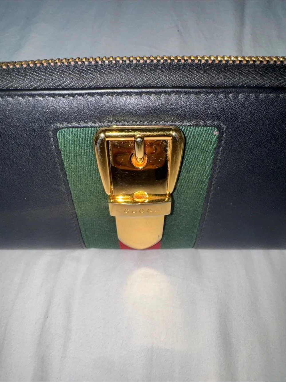 Gucci Black Leather Zip Wallet with Green and Red Web Stripe and Gold Buckle